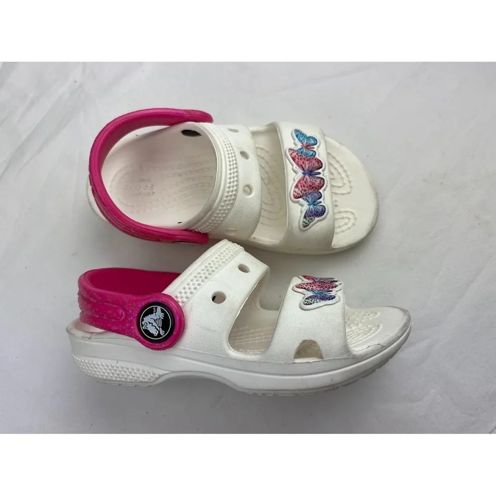 Crocs White Butterfly Sandals Girls Sz 8 Toddler Pink Purple Blue Shoes Slides